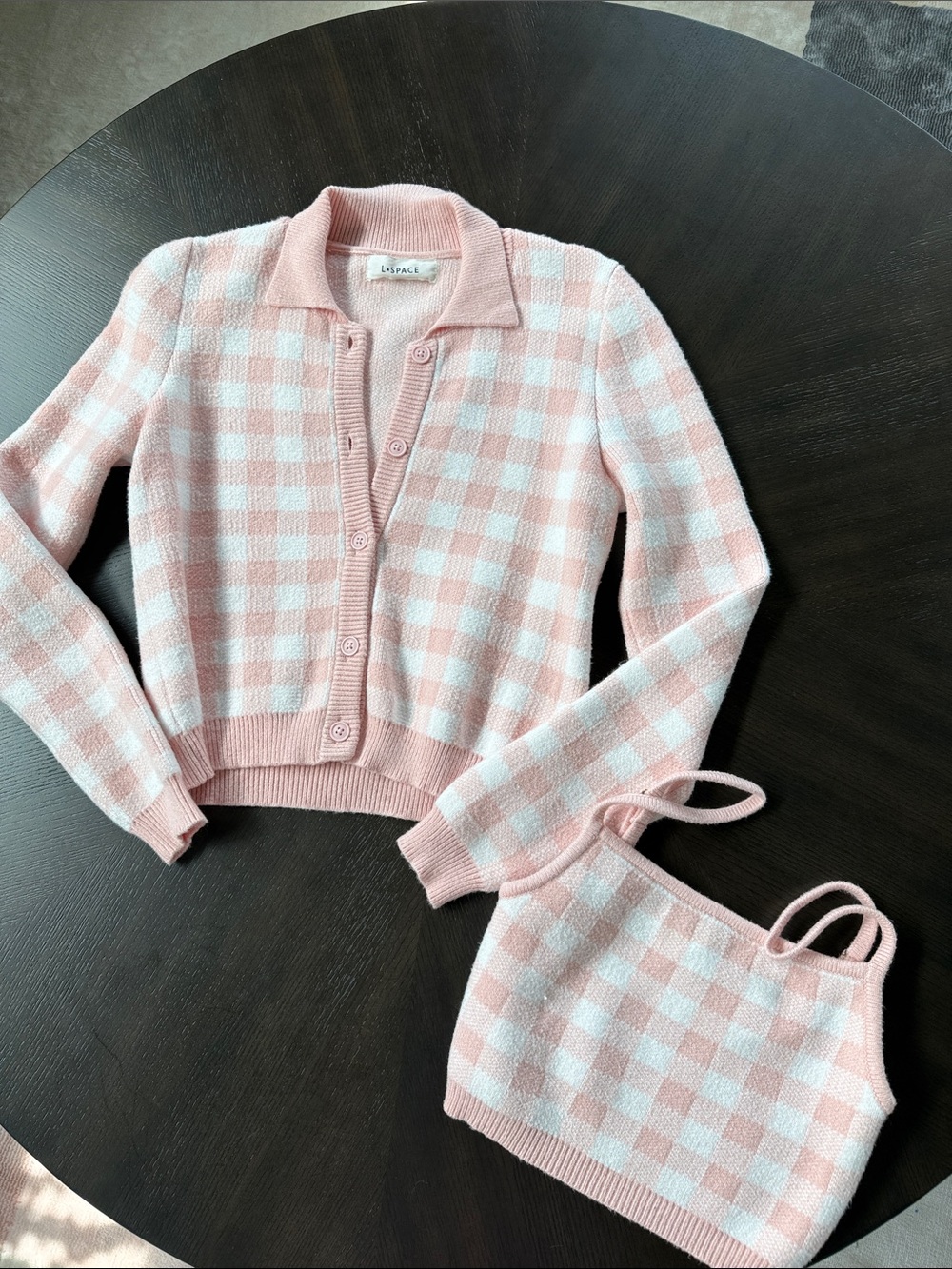 l*space Pink and White Gingham Knit Cardigan & Tank Set